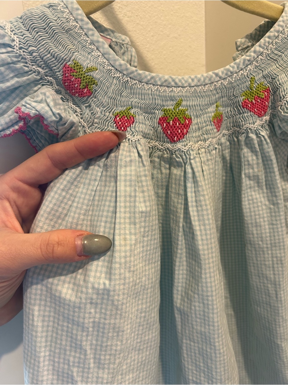 Petit Bebe Smocked Bishop Dress - Light Blue & White Gingham with Strawberries - Picture 7 of 9